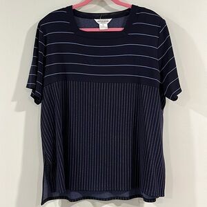 Misook - 3x , navy and purple stripe blouse, square collar